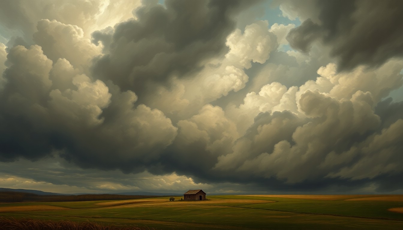 A dramatic landscape painting in the style of Caspar David Friedrich, depicting a vast, stormy sky filled with swirling, ominous clouds that dwarf a small, isolated structure in the foreground, conveying a sense of the overwhelming power of nature.