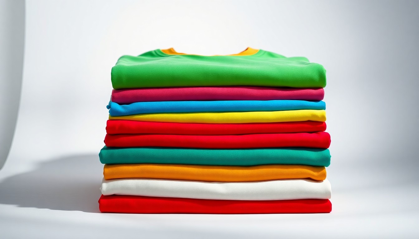 A high-end, photorealistic studio still-life photograph featuring a stack of folded custom all-over-print t-shirts made of smooth, premium polyester fabric in vibrant colors, arranged elegantly on a clean, white seamless background with dramatic lighting and sharp shadows.
