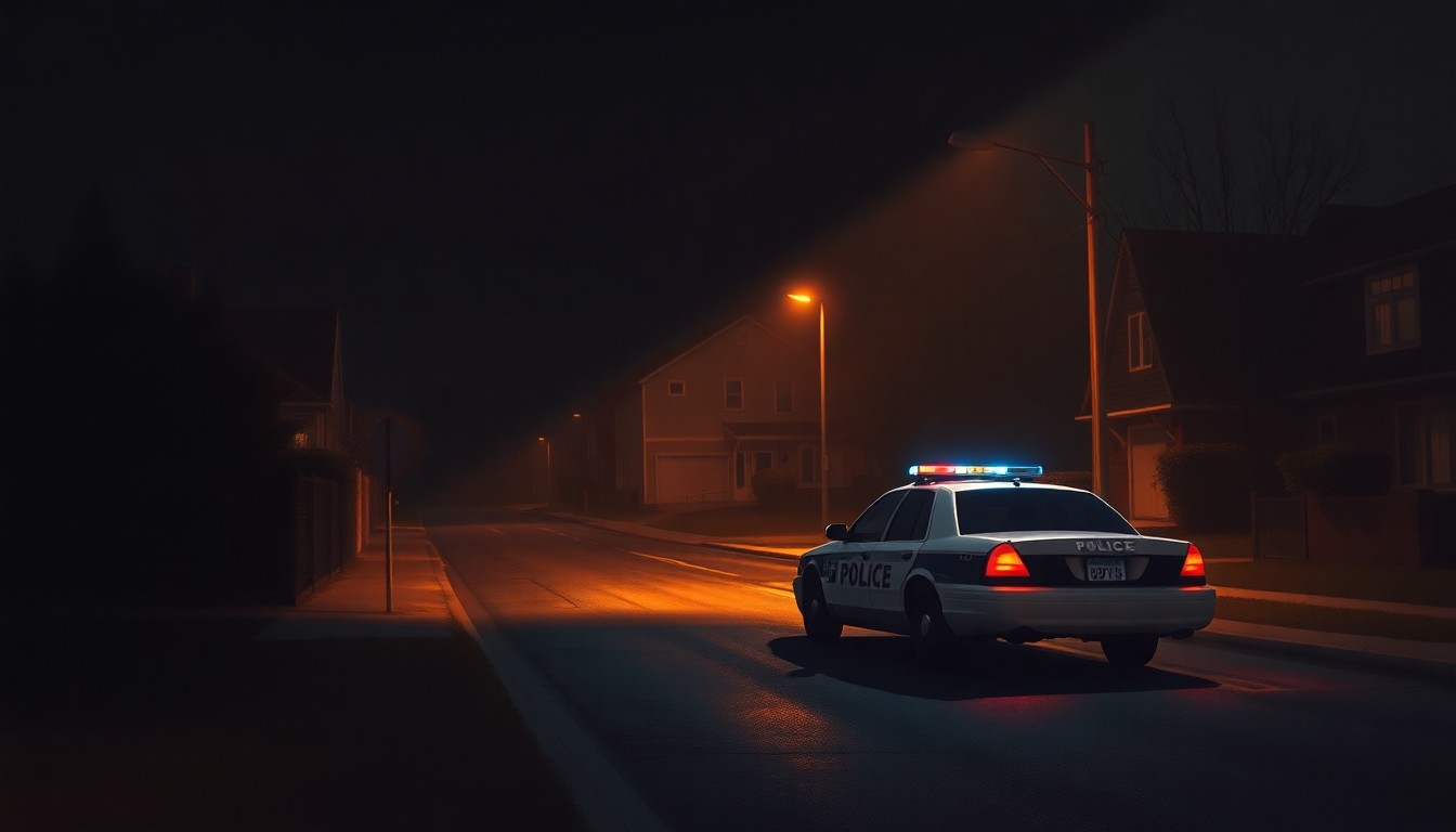 A cinematic painting of a solitary police car parked on a dimly lit suburban street, the vehicle's silhouette bathed in warm, diagonal sunlight and deep shadows, conceptually representing the tensions between local law enforcement and federal immigration policies.