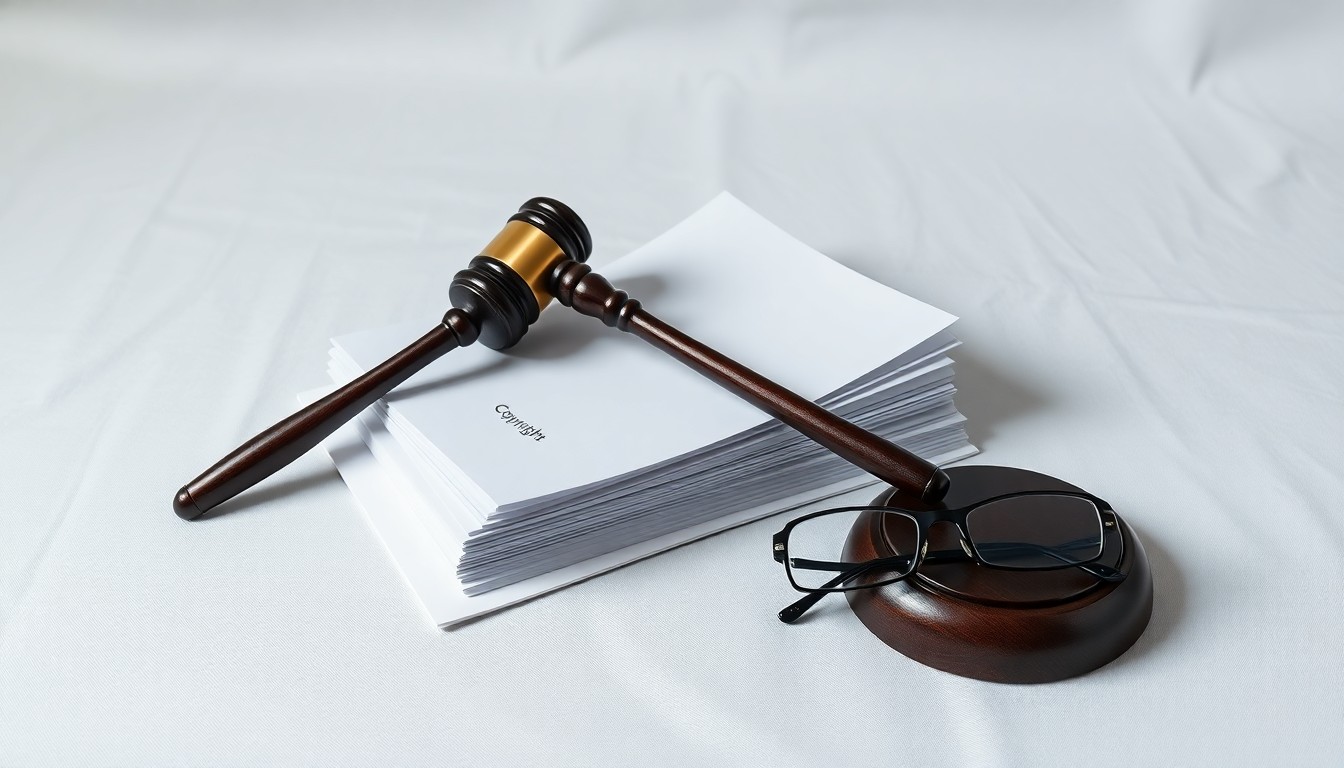 A high-end, photorealistic studio still-life photograph featuring a stack of legal documents, a gavel, and a pair of eyeglasses arranged on a clean, white background, conceptually representing the gravity and significance of the court's ruling in a copyright dispute.