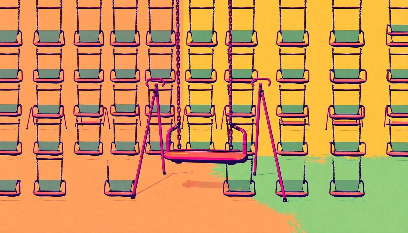 A highly stylized, abstract grid of brightly colored playground swings, conceptually representing the joyful energy and accessibility of the new special needs park in Vineland.