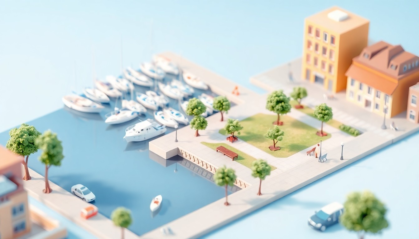 A colorful, stylized 3D illustration depicting the various public works operations of a city, including a marina, park, and street, rendered in a clean, minimalist aesthetic.