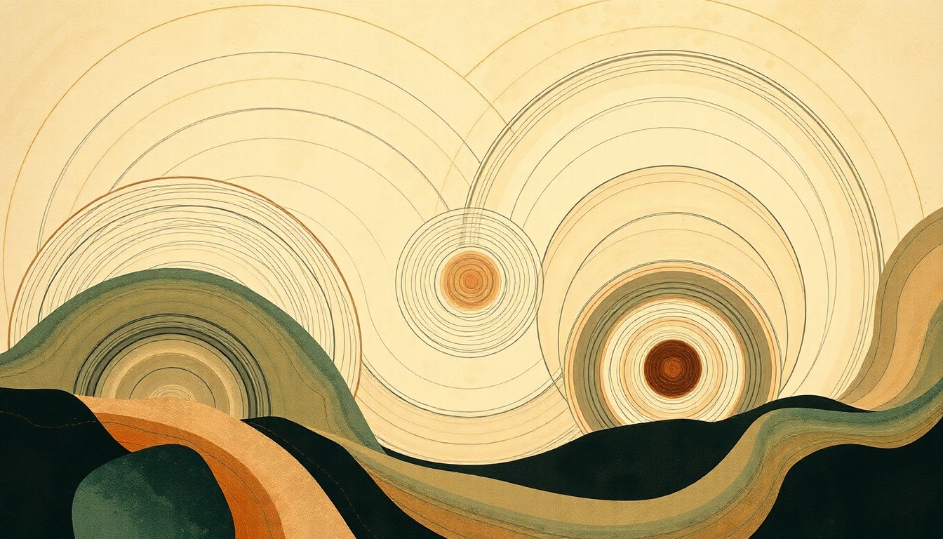 A highly textured, abstract painting featuring sweeping geometric shapes and organic patterns in earthy tones, conceptually representing the interconnected natural systems and forces of the local environment.