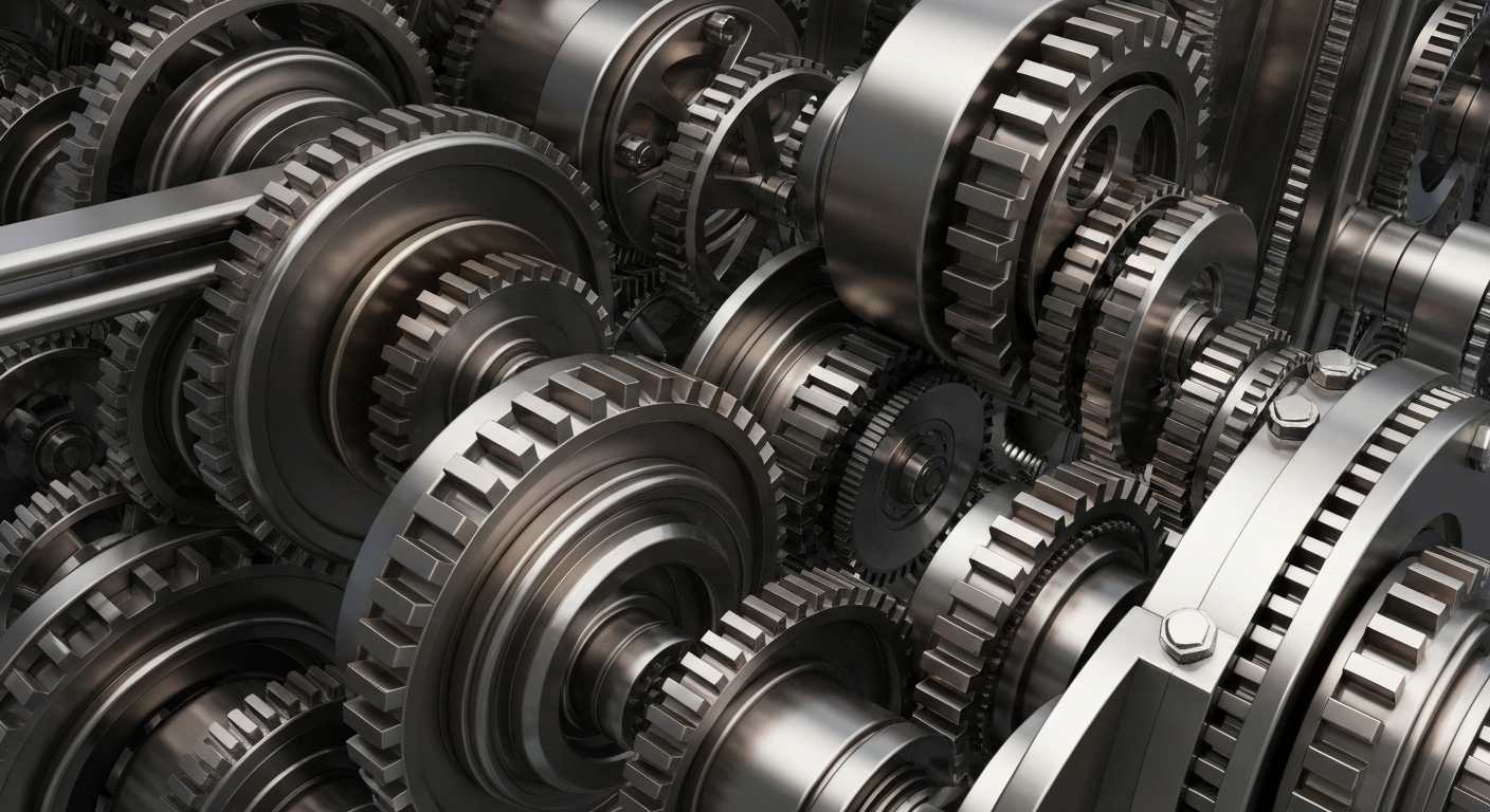 An extreme close-up of heavy, polished industrial machinery and gears in shades of steel grey, bronze, and black, conceptually representing the complex financial infrastructure and institutional wealth behind a major industrial corporation.