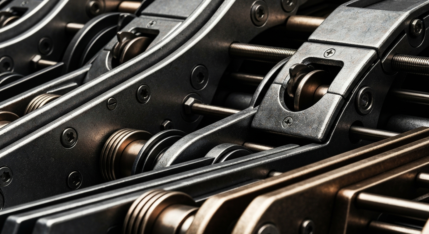 An extreme close-up of gears, levers, and other heavy industrial banking equipment, conveying the physical infrastructure and institutional strength of the financial sector.