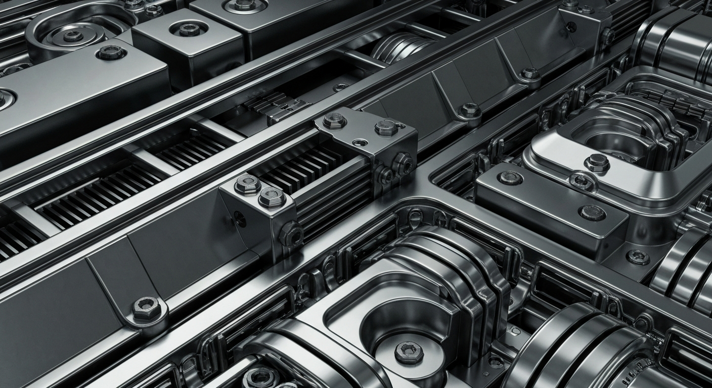 An extreme close-up of industrial machinery and banking equipment in shades of steel grey, gunmetal, and chrome, representing the complex financial infrastructure behind energy investments.