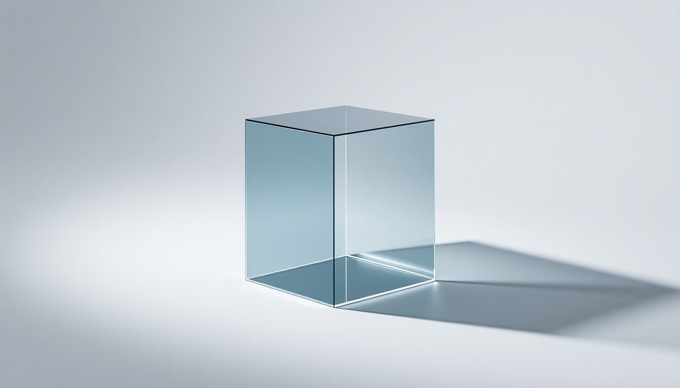 A highly polished, minimalist studio photograph featuring a simple glass cube resting on a plain background, symbolizing the abstract concepts of data, technology, and market trends.