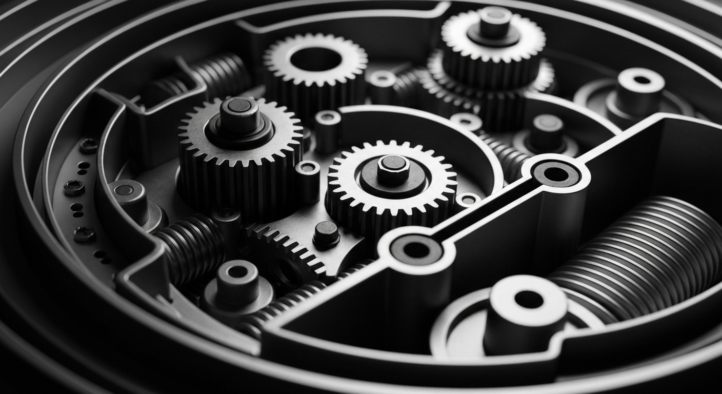 A high-contrast, close-up image of the inner workings of a financial accounting machine, with gears, levers, and other industrial components filling the frame to represent the complex financial infrastructure behind institutional investments.