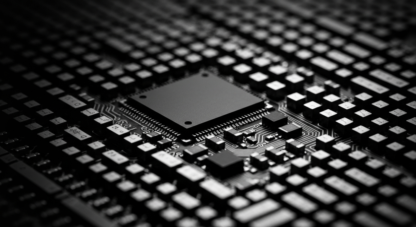 A high-contrast black and white close-up image of the internal circuitry and components of a semiconductor chip, conveying the technical complexity and industrial nature of the electronics manufacturing sector.