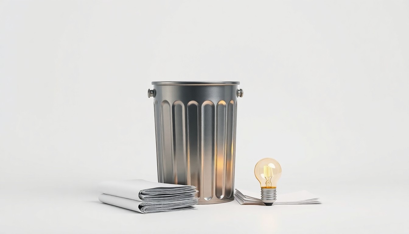 A minimalist studio still life photograph featuring a polished metal trash can, a stack of recycled paper, and a single glowing light bulb arranged on a clean white background, symbolizing the core business of waste management.