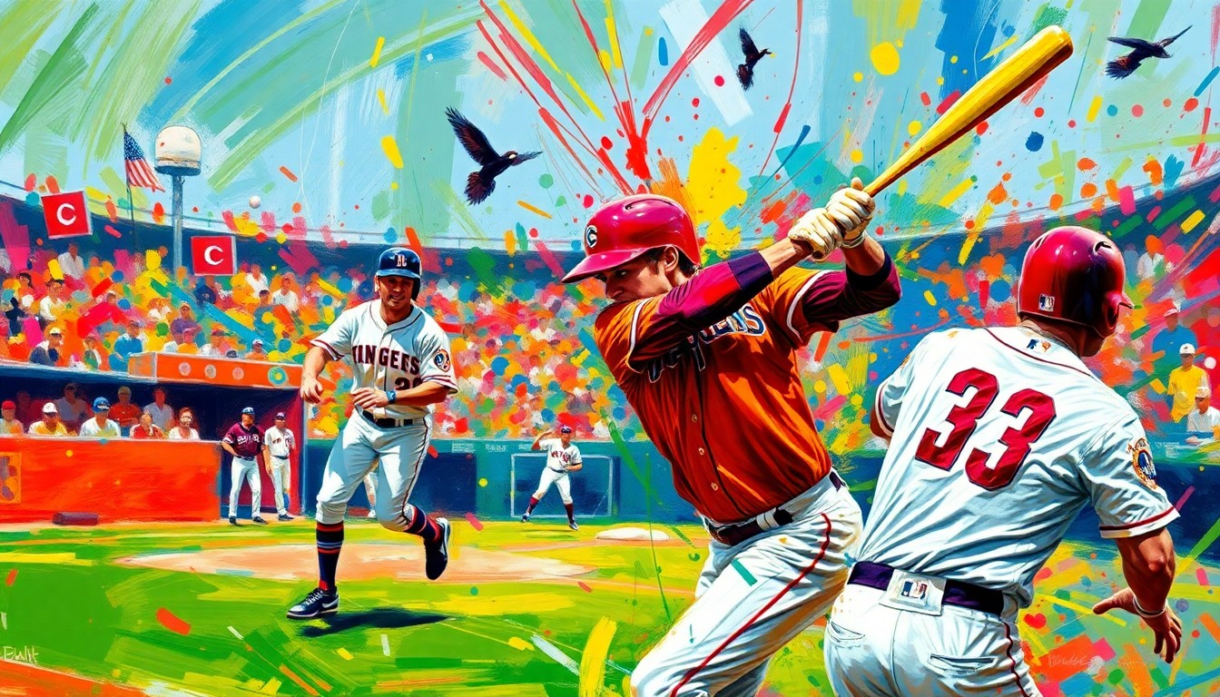 An abstract, expressionist painting depicting the explosive energy and motion of a baseball game, with players' forms breaking apart into vibrant brushstrokes of neon colors.