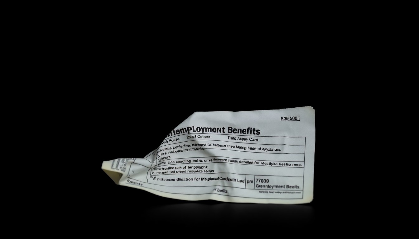An extreme close-up photograph of a crumpled, discarded unemployment benefits card against a pitch-black background, the harsh flash creating a gritty, investigative aesthetic that conceptually represents the serious issue of fraudulent benefit claims.