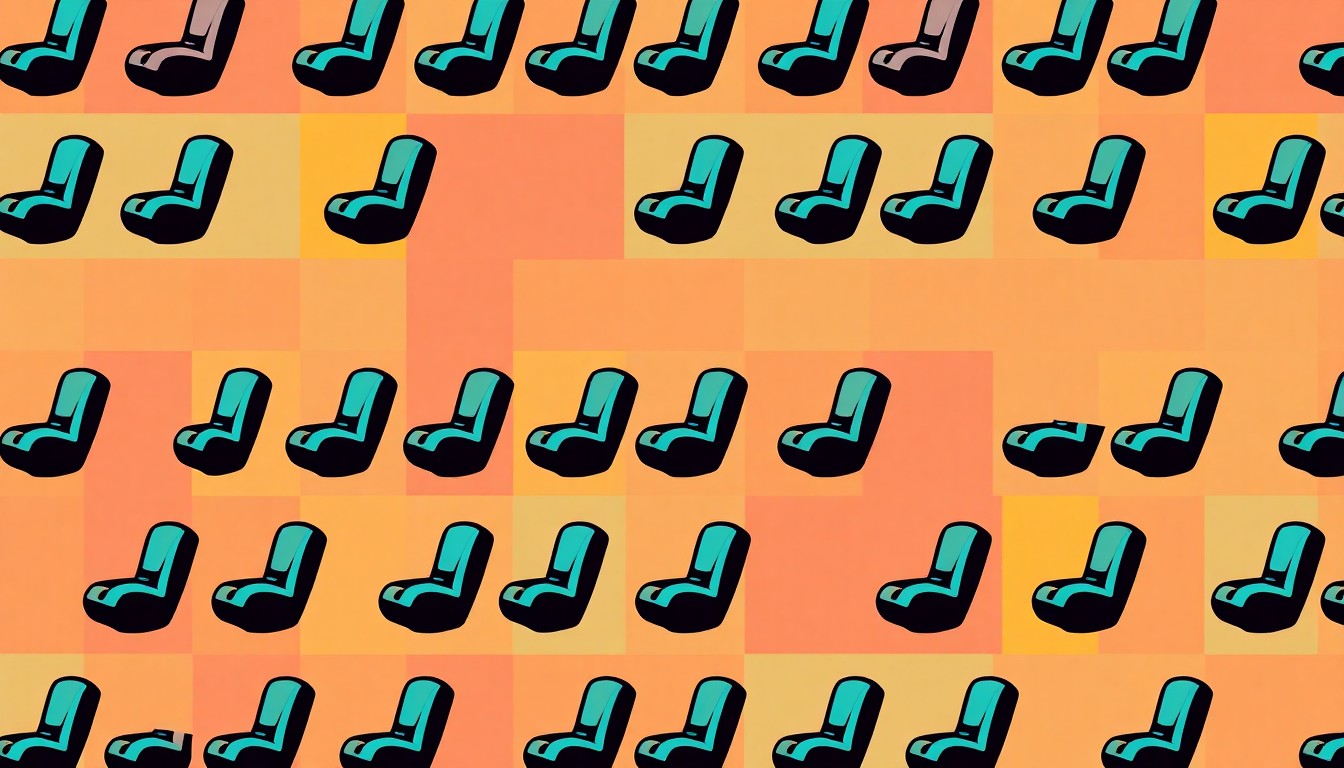 A bold, graphic silkscreen-style illustration featuring a child car seat icon repeated in a grid pattern, rendered in a high-contrast palette of neon colors and heavy black outlines, conceptually representing the importance of car seat safety.
