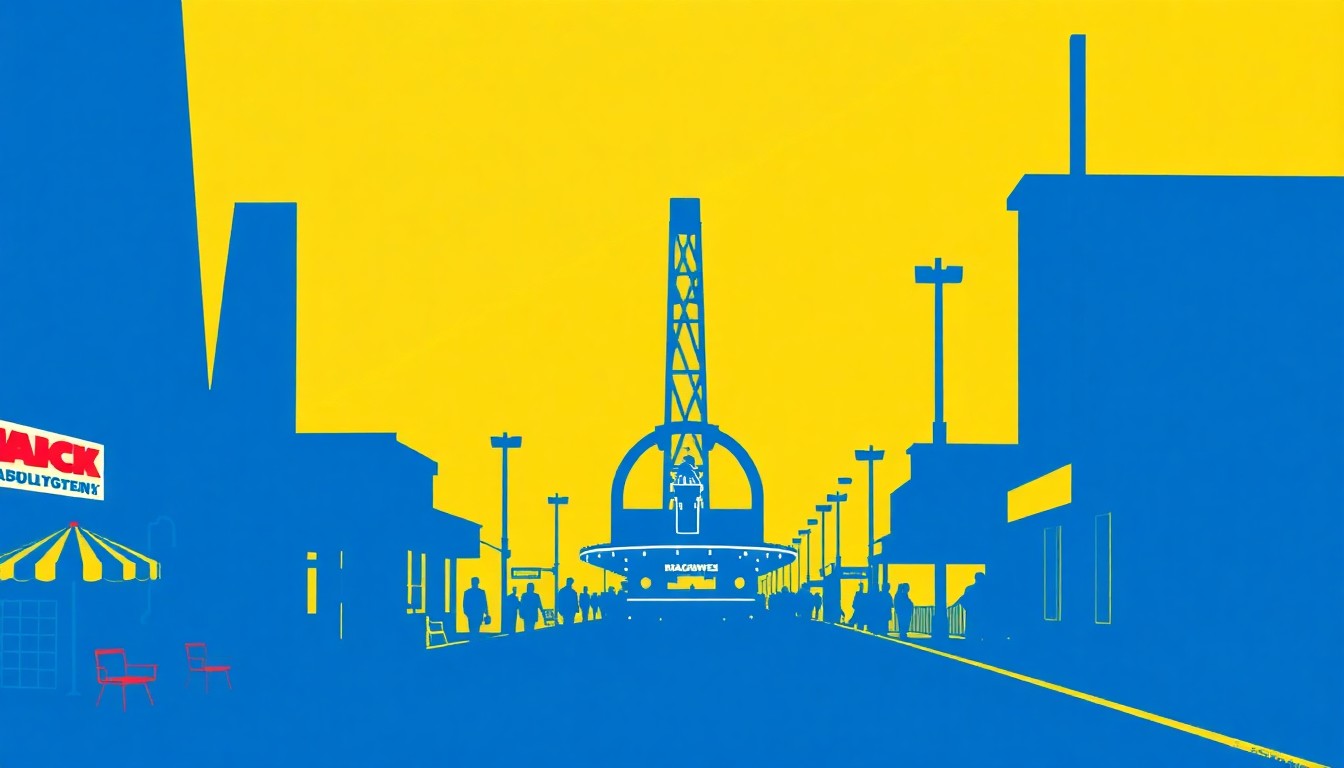 A bold, abstract composition of jagged geometric shapes in deep blue and bright yellow, capturing the gritty, boardwalk-inspired spirit that shaped Bruce Springsteen's iconic sound.