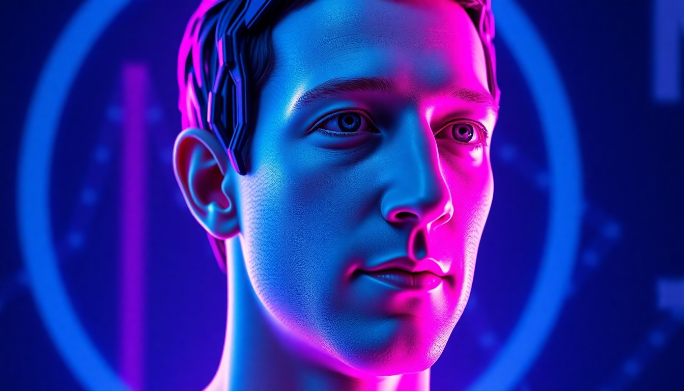 A highly detailed, glowing 3D illustration of a photorealistic digital avatar of a man with short dark hair and a neutral expression, rendered in shades of blue and pink to create a sense of technological luminescence and integration.