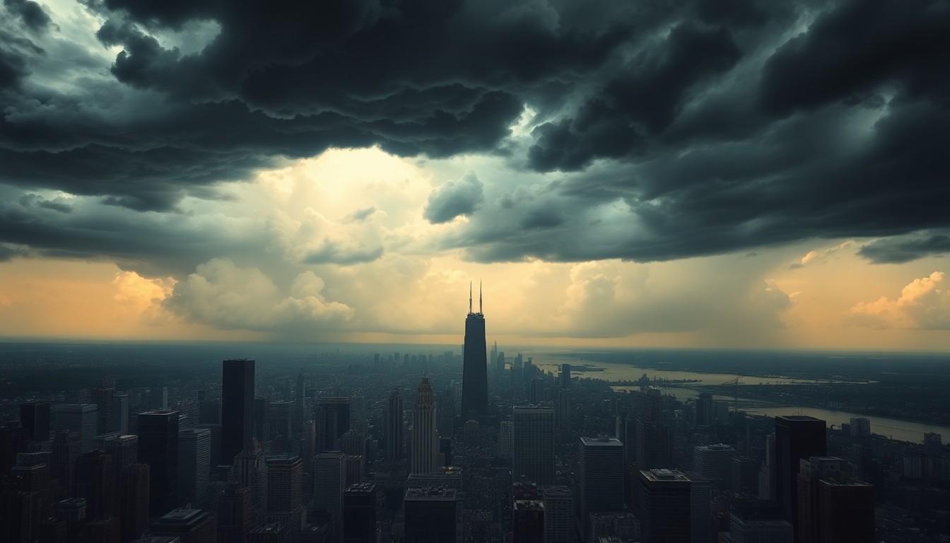 A dramatic landscape painting in muted tones of gray, blue, and gold, depicting the Chicago skyline shrouded by massive, foreboding storm clouds that dominate the frame, conveying the sense of the city's vulnerability to the power of an impending severe weather event.