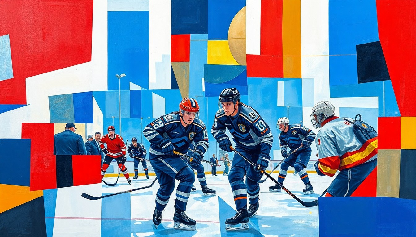 A fractured, cubist-style painting depicting a hockey game, with the players and rink broken down into overlapping geometric shapes in bright blue, red, and white tones, conveying the dynamic energy and teamwork of the event.