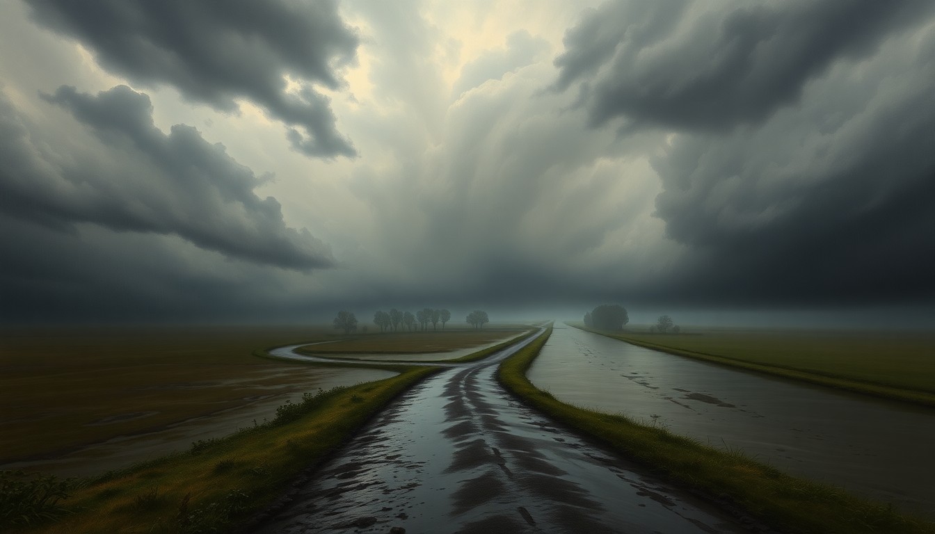 A sweeping, atmospheric landscape painting in muted tones of gray, blue, and green, depicting a flooded rural road cutting through a vast, melancholic expanse of heavy storm clouds and driving rain. The road is partially obscured by the rising floodwaters, dwarfed by the overwhelming scale of the natural forces at play.