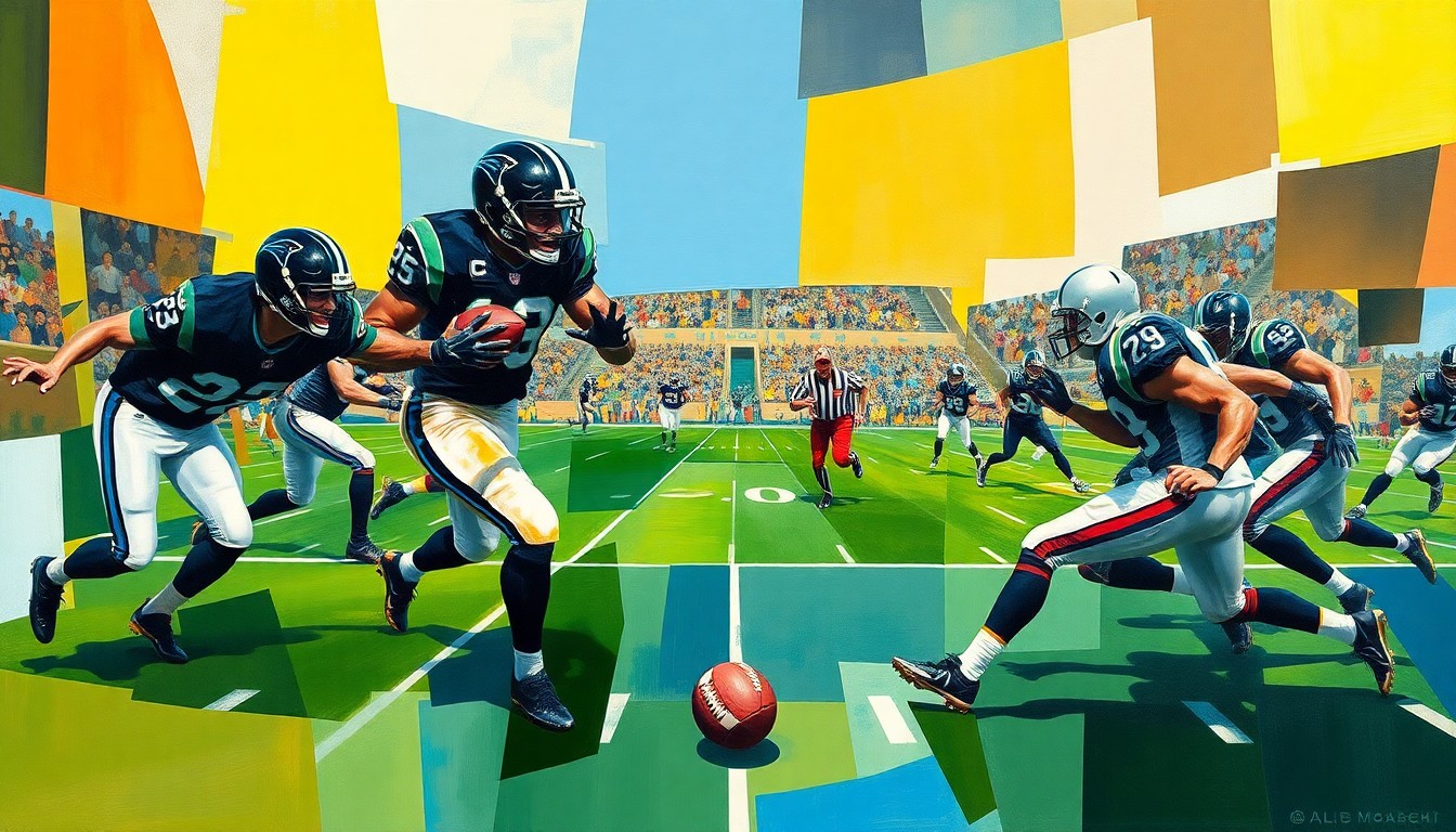 A cubist, geometric painting depicting a football game in abstract, fragmented shapes and planes of color, with players' forms deconstructed into overlapping geometric forms.