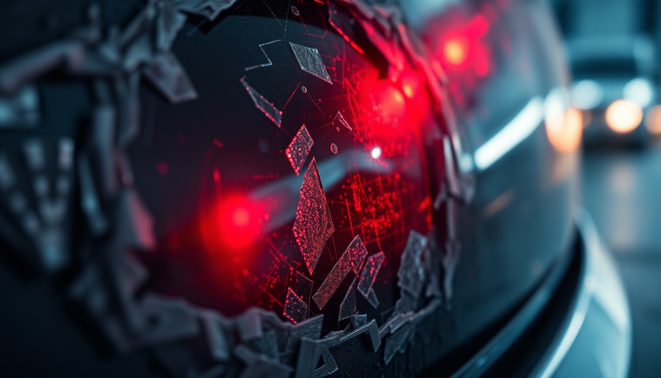 An extreme close-up of a shattered car sensor lens reflecting a faint red light, conceptually representing the aftermath of a deadly commercial vehicle collision.