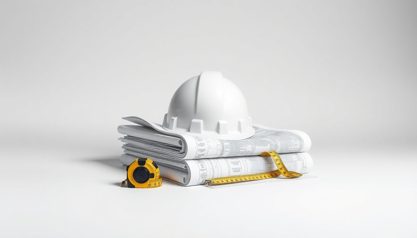 A minimalist studio still life photograph featuring architectural blueprints, a hardhat, and a tape measure, conceptually representing the planning and construction happening in the city.