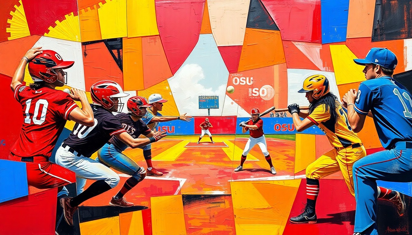 A cubist, geometric painting depicting a softball game between OU and OSU players, with the players and field broken down into sharp, overlapping planes of vibrant red, blue, and yellow colors.