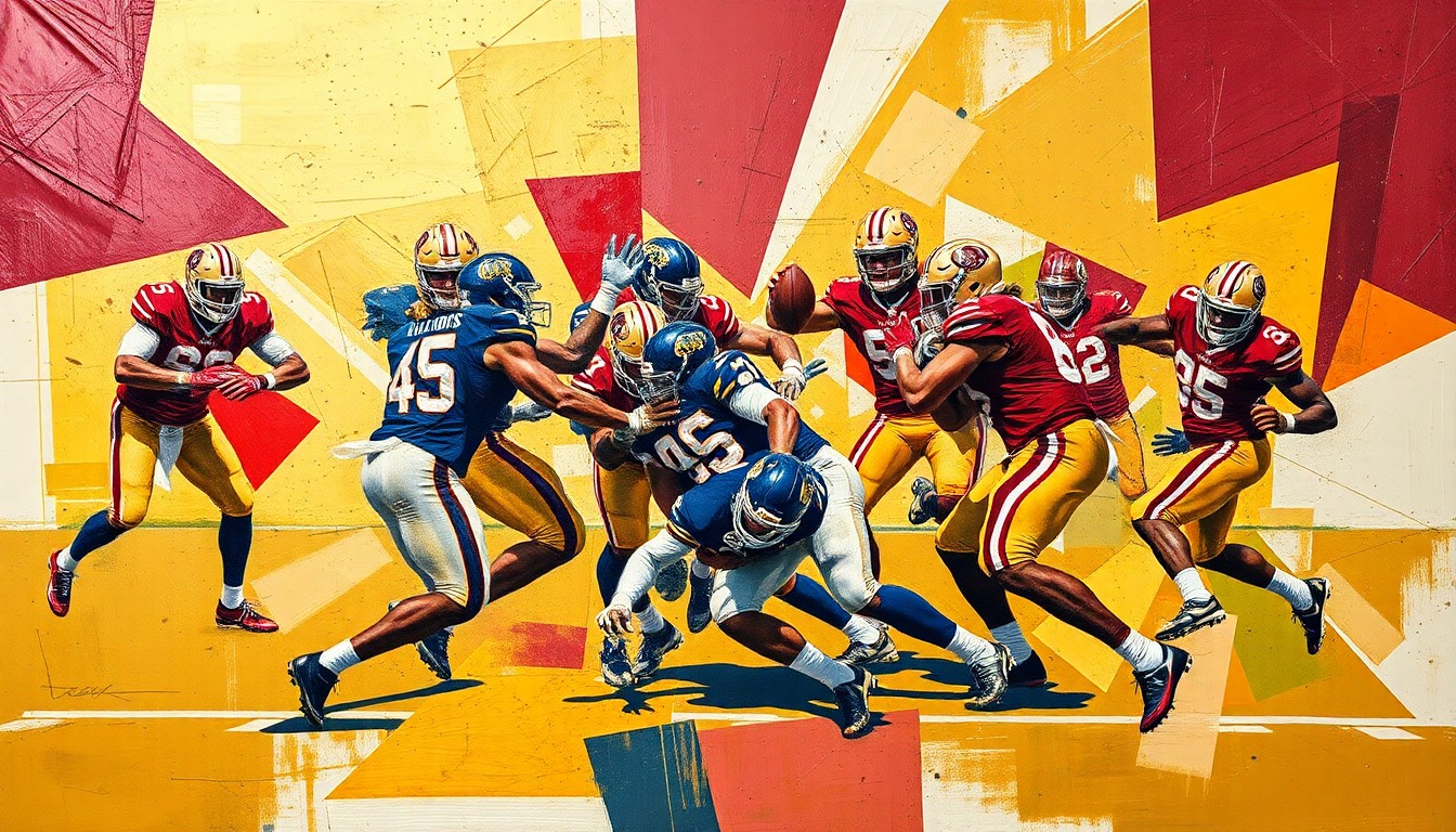 A cubist, geometric painting depicting a Florida State football defensive play, with sharp, overlapping planes of garnet, gold, and navy blue representing the action on the field.