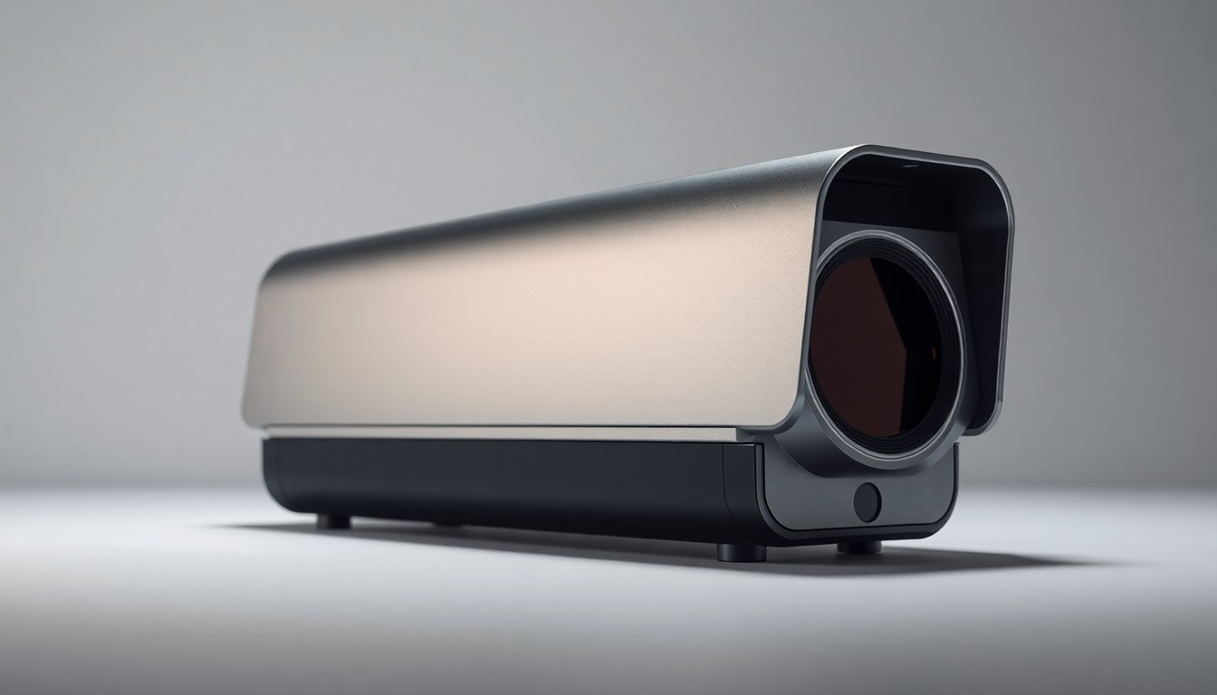 A photorealistic studio still-life image featuring a sleek, metallic security scanner device with dramatic lighting and shadows, conceptually representing the advanced technology and corporate strategy behind the merger of Analogic and Leidos' security businesses.