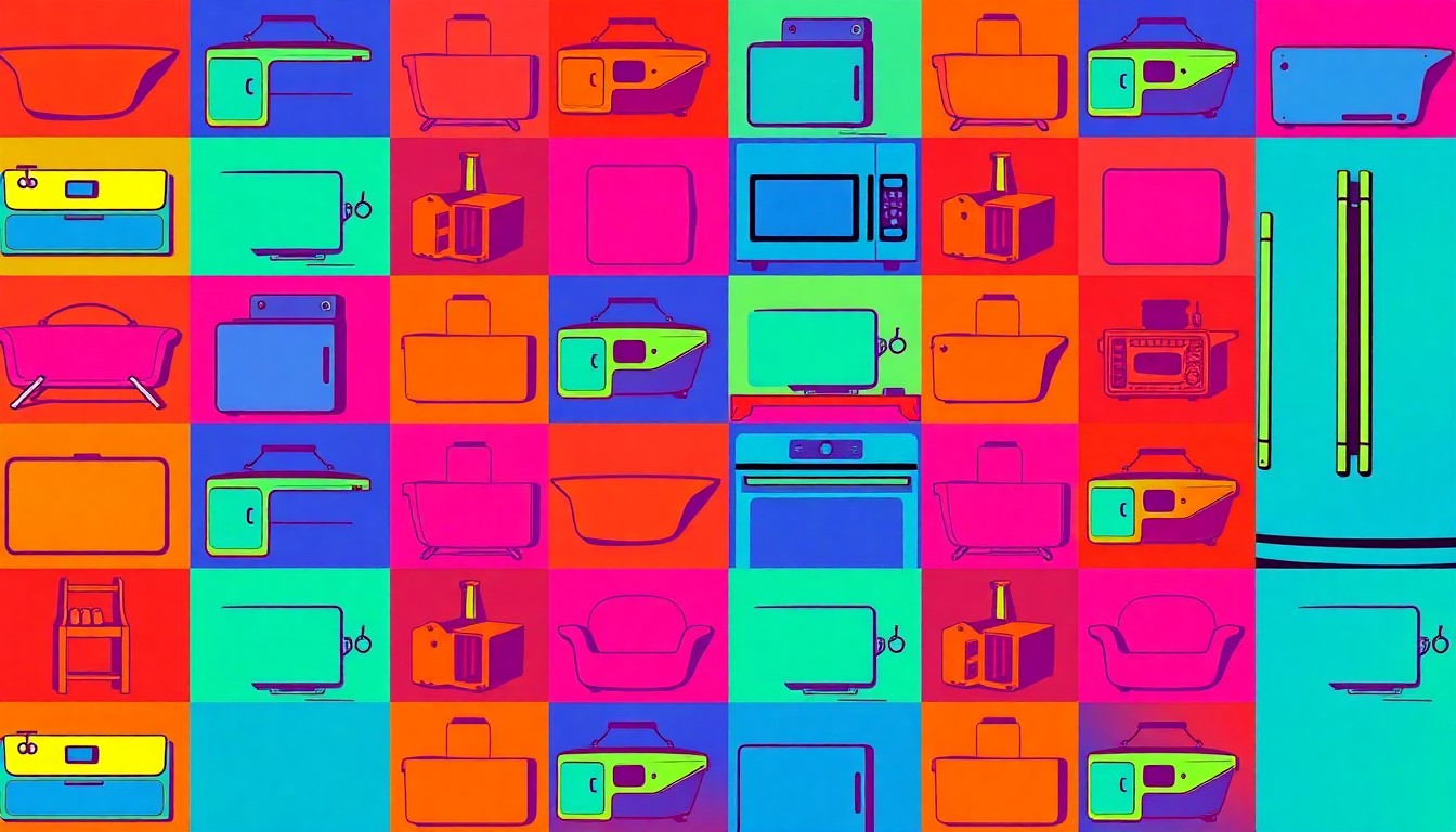 A vibrant, high-contrast silkscreen print of a single, iconic luxury residential object such as a high-end kitchen appliance or piece of furniture, repeated in a tight grid pattern to capture the essence of modern luxury living.