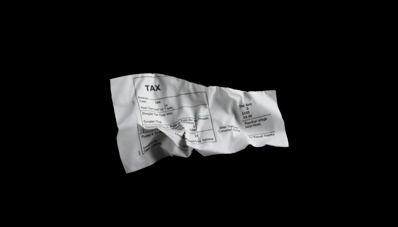 An extreme close-up photograph of a crumpled tax document or receipt, the harsh flash illuminating the textured surface and creating a stark, investigative aesthetic without any visible words or symbols.