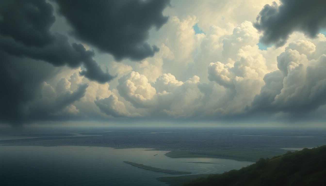 A sweeping, atmospheric landscape painting in muted tones of grey, blue, and green, depicting a small coastal town partially submerged in floodwaters and dwarfed by a dramatic, turbulent sky filled with heavy storm clouds, conveying the overwhelming power of the natural disaster.
