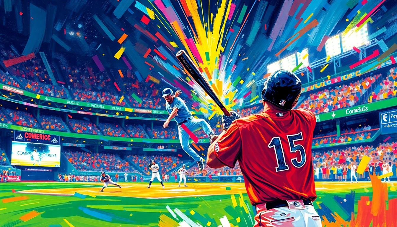 An abstract, energetic painting with bold brushstrokes and neon colors, capturing the excitement and celebration of a game-winning hit in a baseball game.
