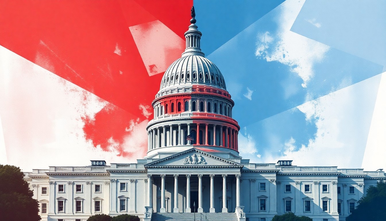 A dynamic, abstract painting featuring the US Capitol building in a fractured, overlapping style, using bold red, white, and blue colors to convey the political tension surrounding the SAVE Act.