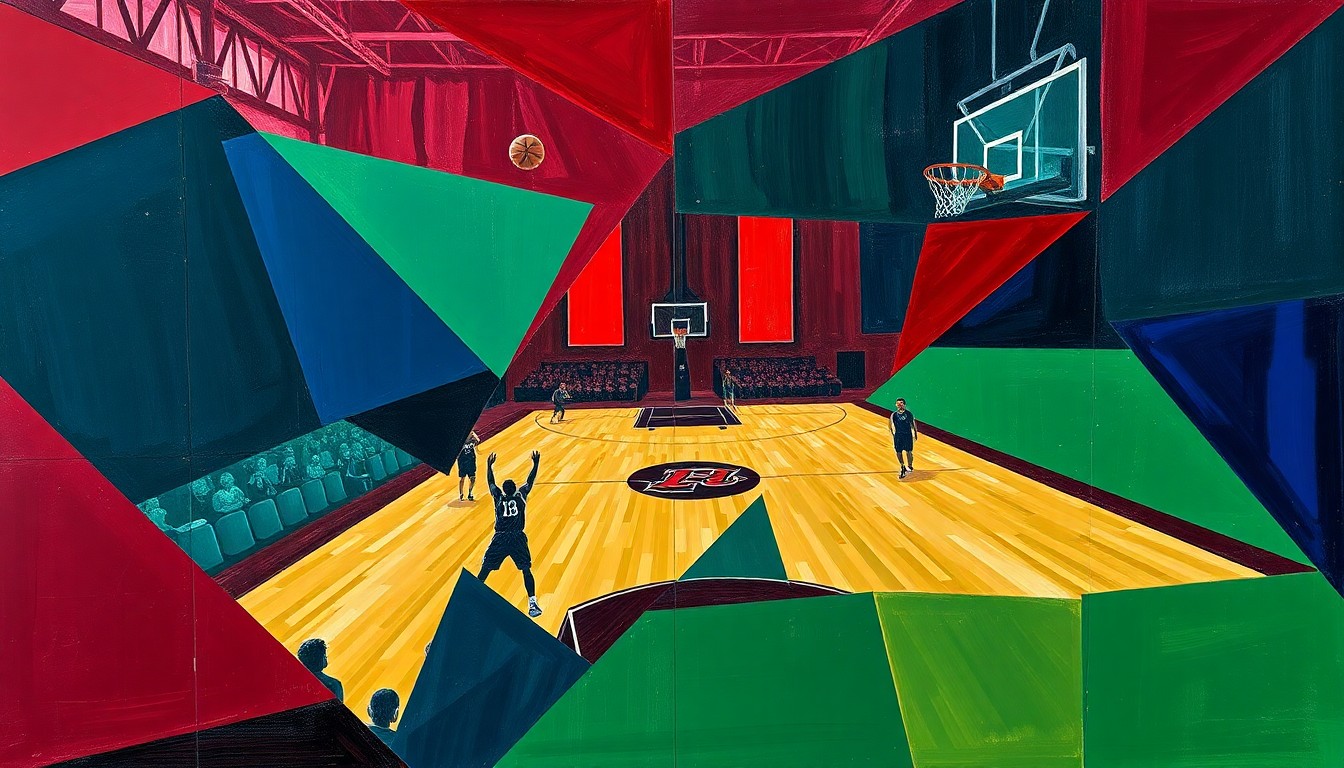 A cubist-style painting featuring fragmented, geometric shapes in shades of burgundy, navy, and green, conceptually representing the action and energy of a high school basketball game.