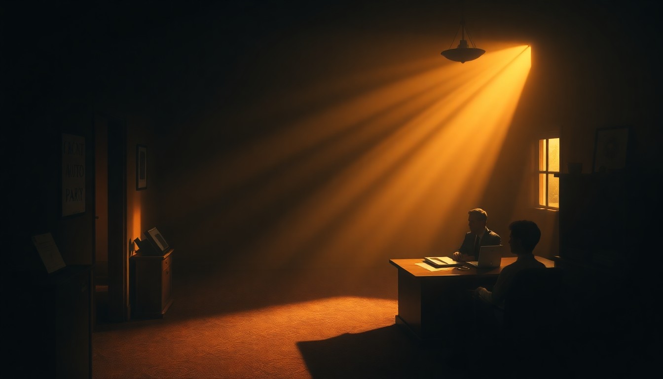 A dimly lit, cinematic painting of a solitary political campaign office, with a lone figure sitting at a desk bathed in warm, diagonal sunlight and deep shadows, conceptually representing the behind-the-scenes work of political consultants in Florida.