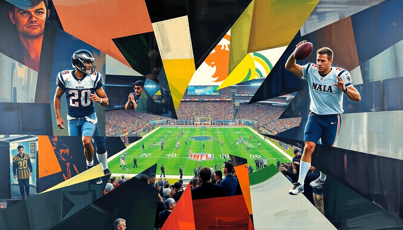 A cubist, geometric painting depicting fragmented, overlapping shapes and planes representing a football game or NFL draft event, capturing the complex and multifaceted nature of the Texans' draft plans.