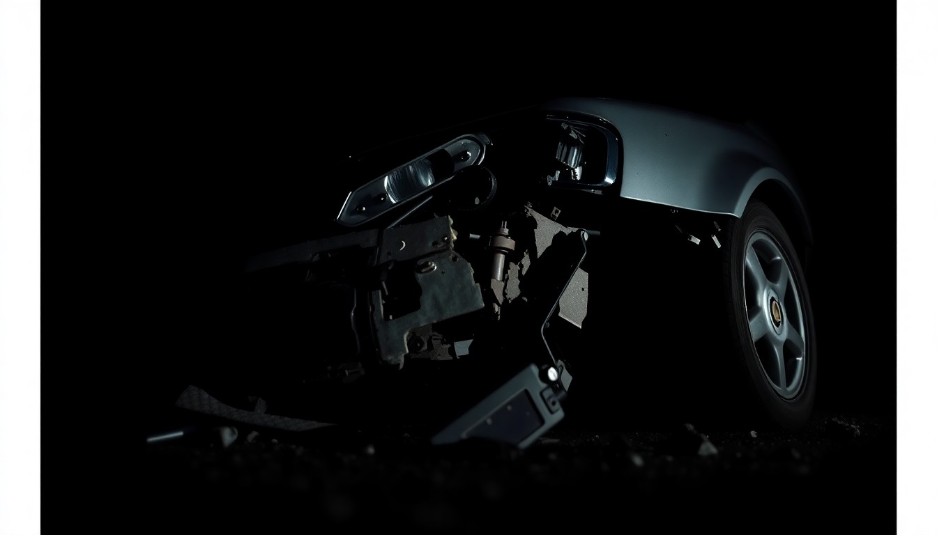 An extreme close-up photograph of a damaged car part or piece of debris from a highway crash site, capturing the stark, gritty aftermath of the incident.