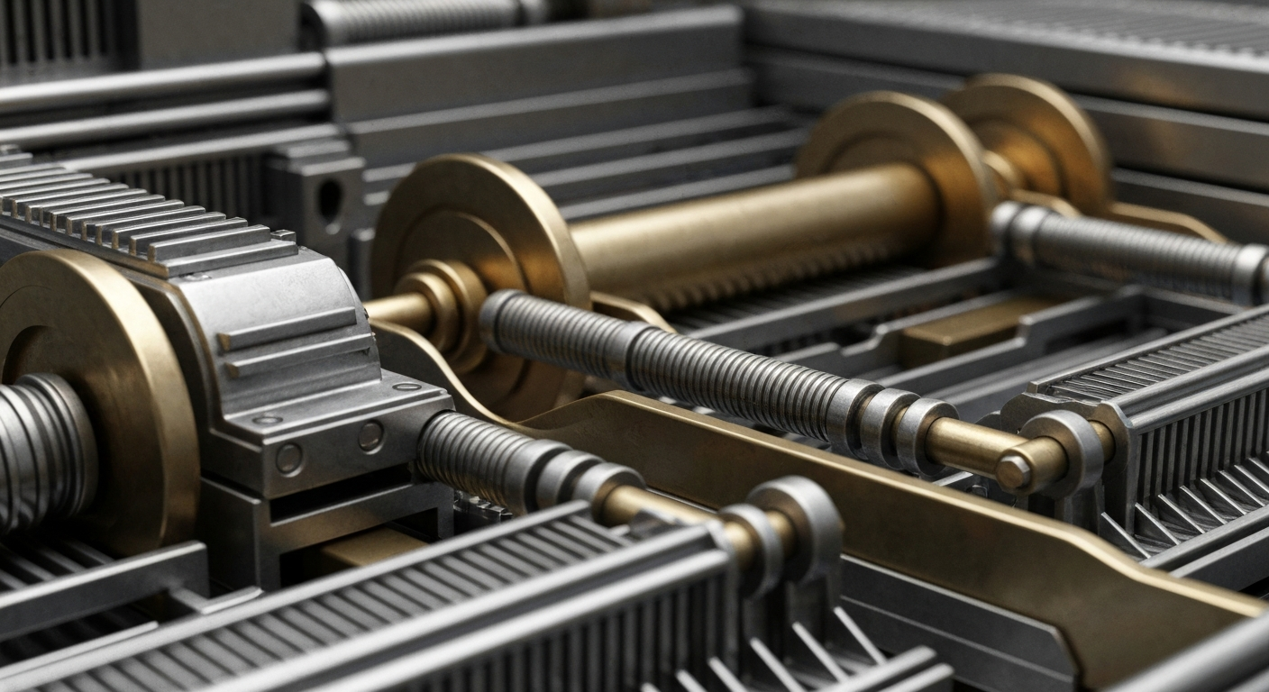 An extreme close-up of a network of gears, levers, and metal components, conceptually representing the intricate workings of the banking system.