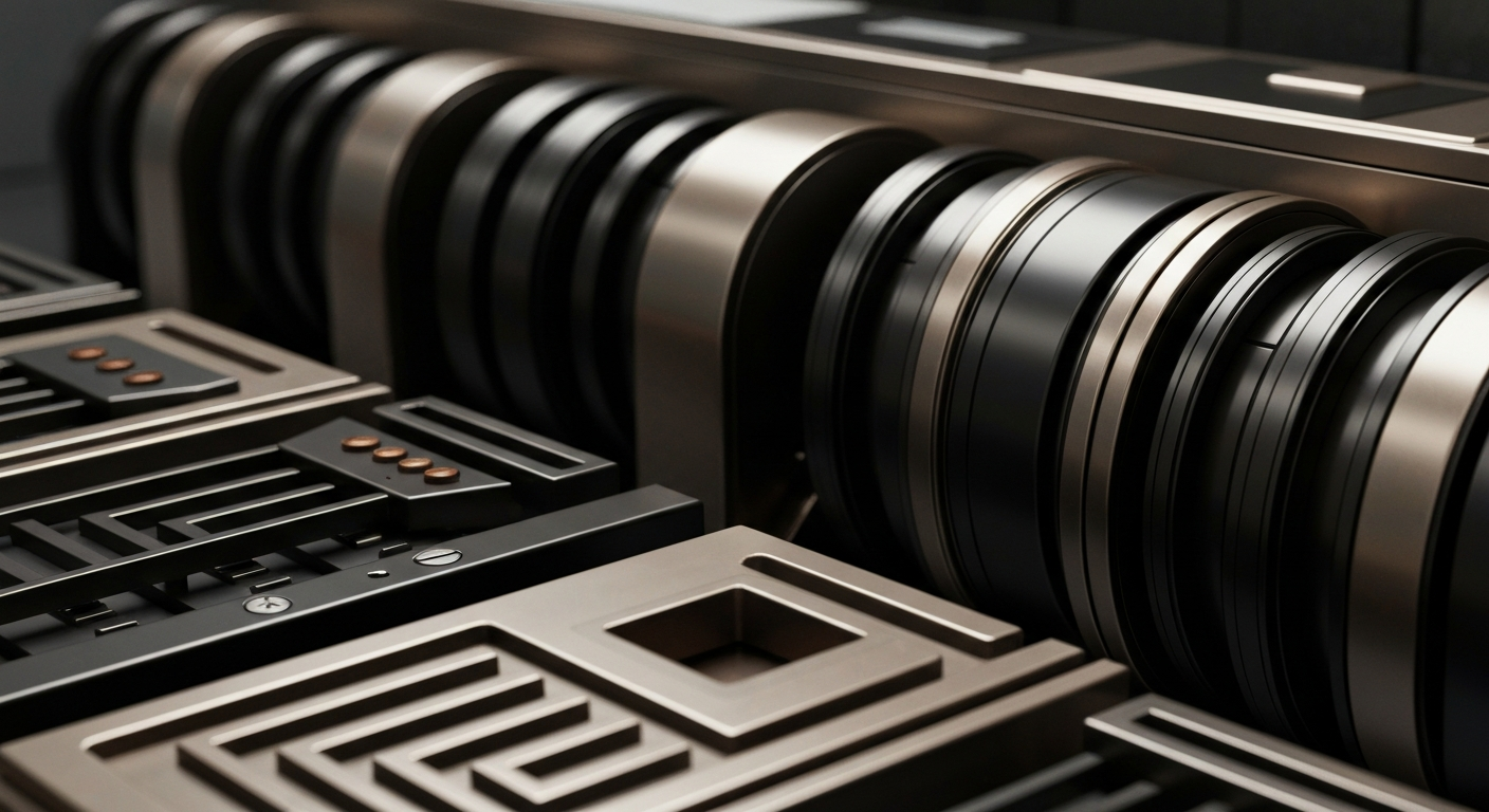 A highly detailed, cinematic close-up image of heavy, industrial banking machinery and equipment, capturing the secure and powerful infrastructure of the global financial system through a visual metaphor.