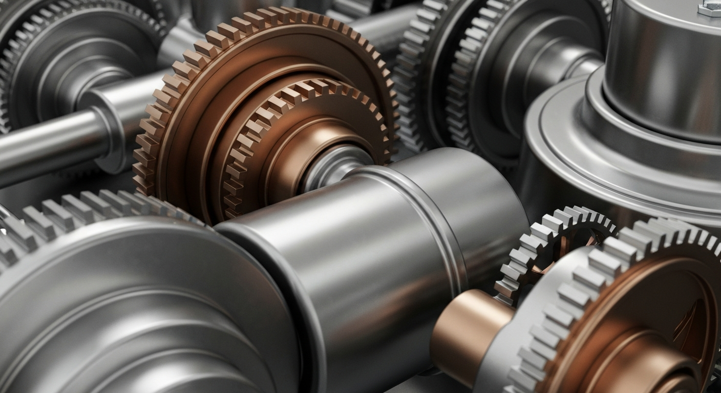 A highly detailed, cinematic close-up image of heavy, metallic banking machinery and gears in shades of grey, bronze, and chrome, conveying the secure infrastructure and stored wealth of the financial industry.