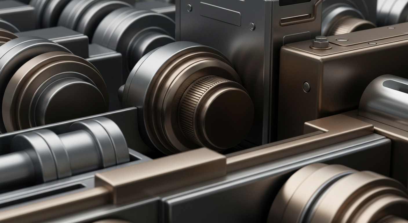 An extreme close-up of highly textured, industrial banking equipment and mechanisms in shades of grey, bronze, and chrome, conveying the secure, institutional nature of global finance without using any text or identifiable elements.