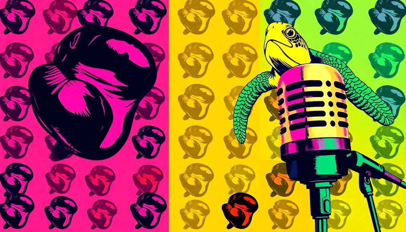 A bold, graphic illustration featuring repeated silkscreen images of a boxing glove, a sea turtle, and a microphone in a grid of neon colors and heavy black outlines, conceptually representing the range of events happening in Jacksonville.