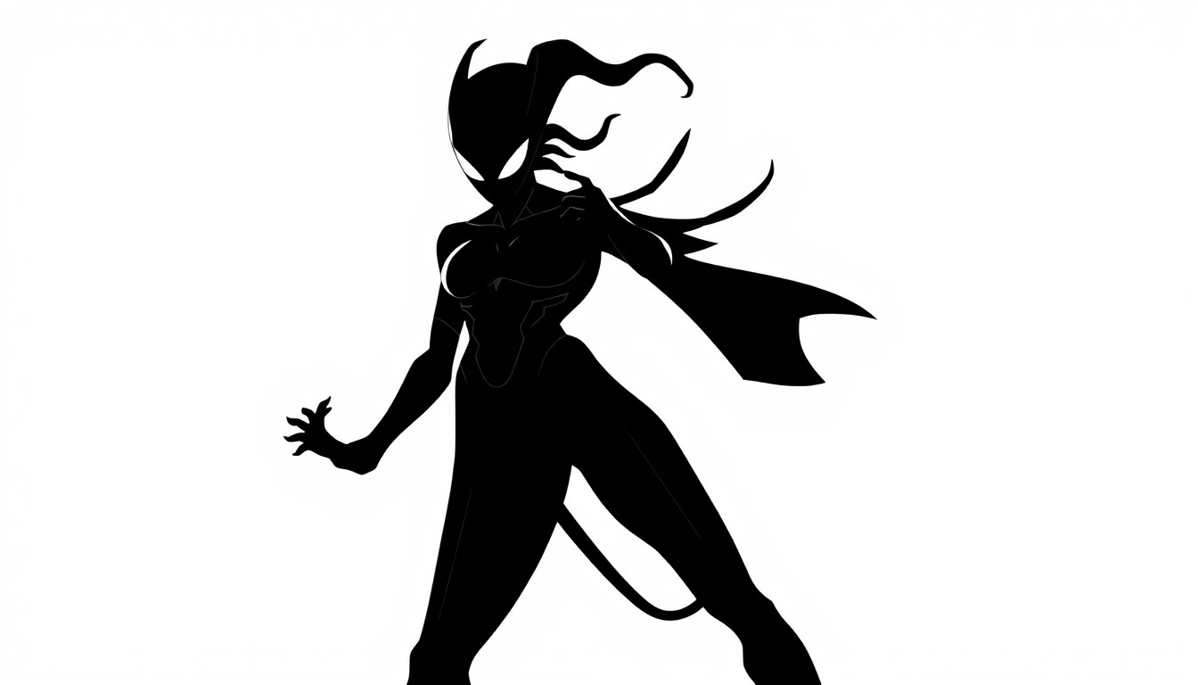 A dramatic black silhouette of a powerful female figure, set against a vibrant red background, conceptually representing the character of Maxima from the DC Comics universe.