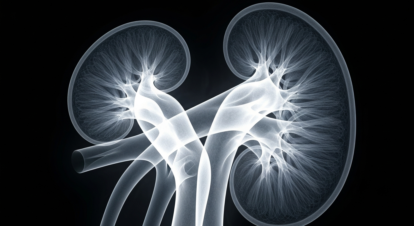 An extreme close-up X-ray image showing the intricate tubular structure and vascular network of a human kidney, rendered in ghostly shades of white and grey against a dark background.