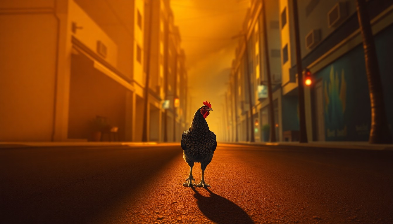 A photorealistic painting of a lone feral chicken standing in the middle of an empty Honolulu street, the bird's feathers and the surrounding buildings bathed in warm, golden light and deep shadows, creating a contemplative, cinematic mood.