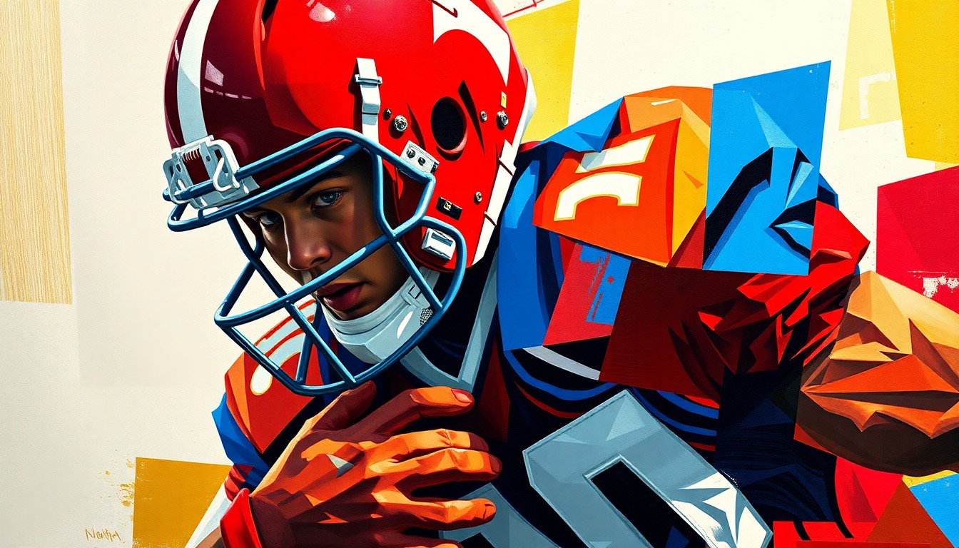 A fractured, geometric painting depicting a high school football cornerback in motion, with sharp planes of color representing the player's movements and the competitive energy of the sport.