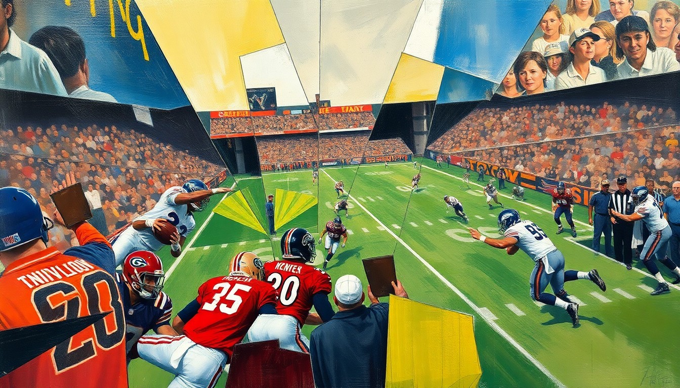 A cubist, geometric painting depicting a fragmented football game scene, with sharp, overlapping planes of color and form representing the complex dynamics of the Steelers' quarterback situation.