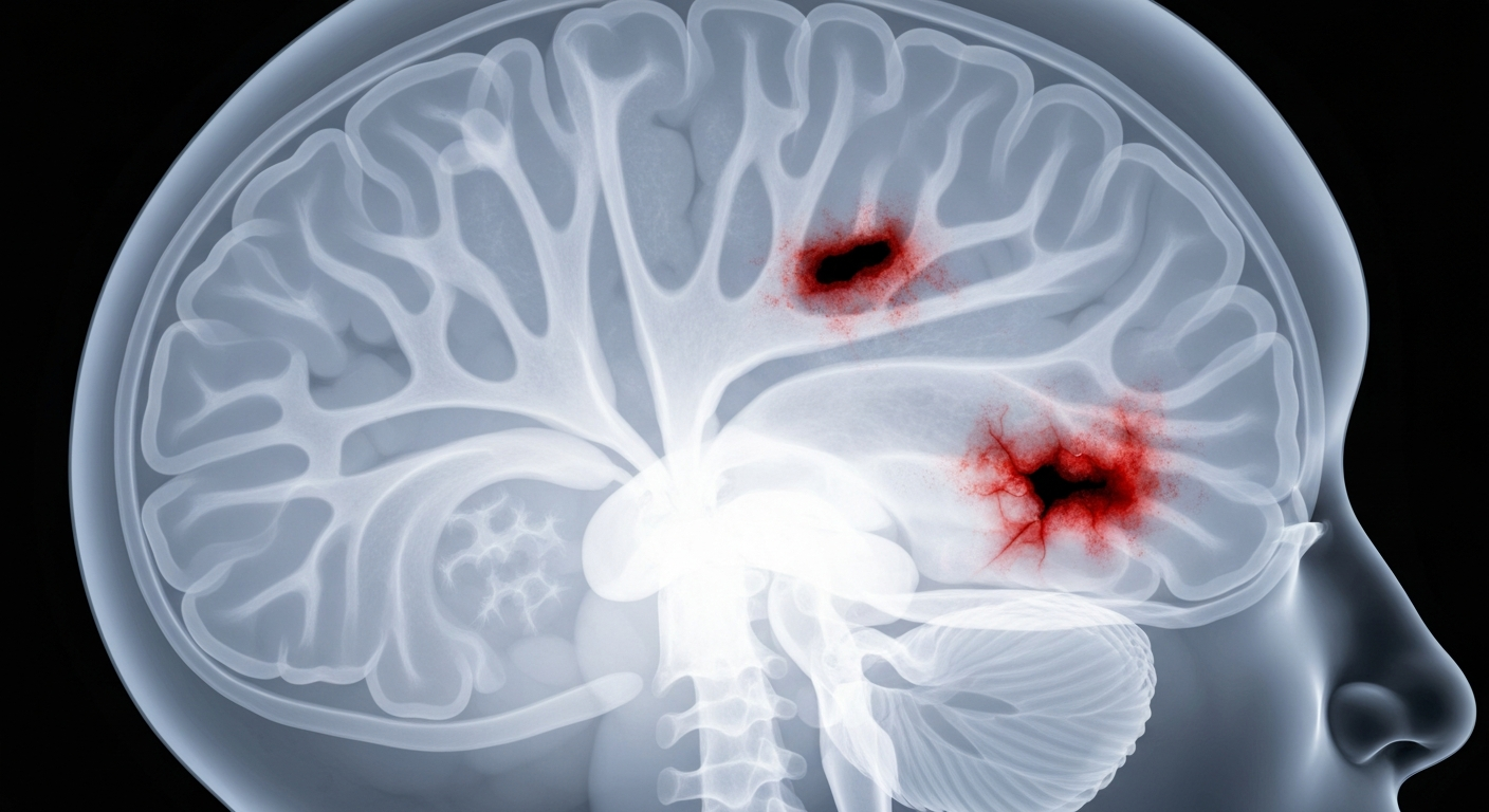 An ethereal, ghostly X-ray image showing the internal structures of a human brain, with signs of trauma and distress, conceptually representing the potential long-term neurological effects of Clavicular's overdose and seizure.