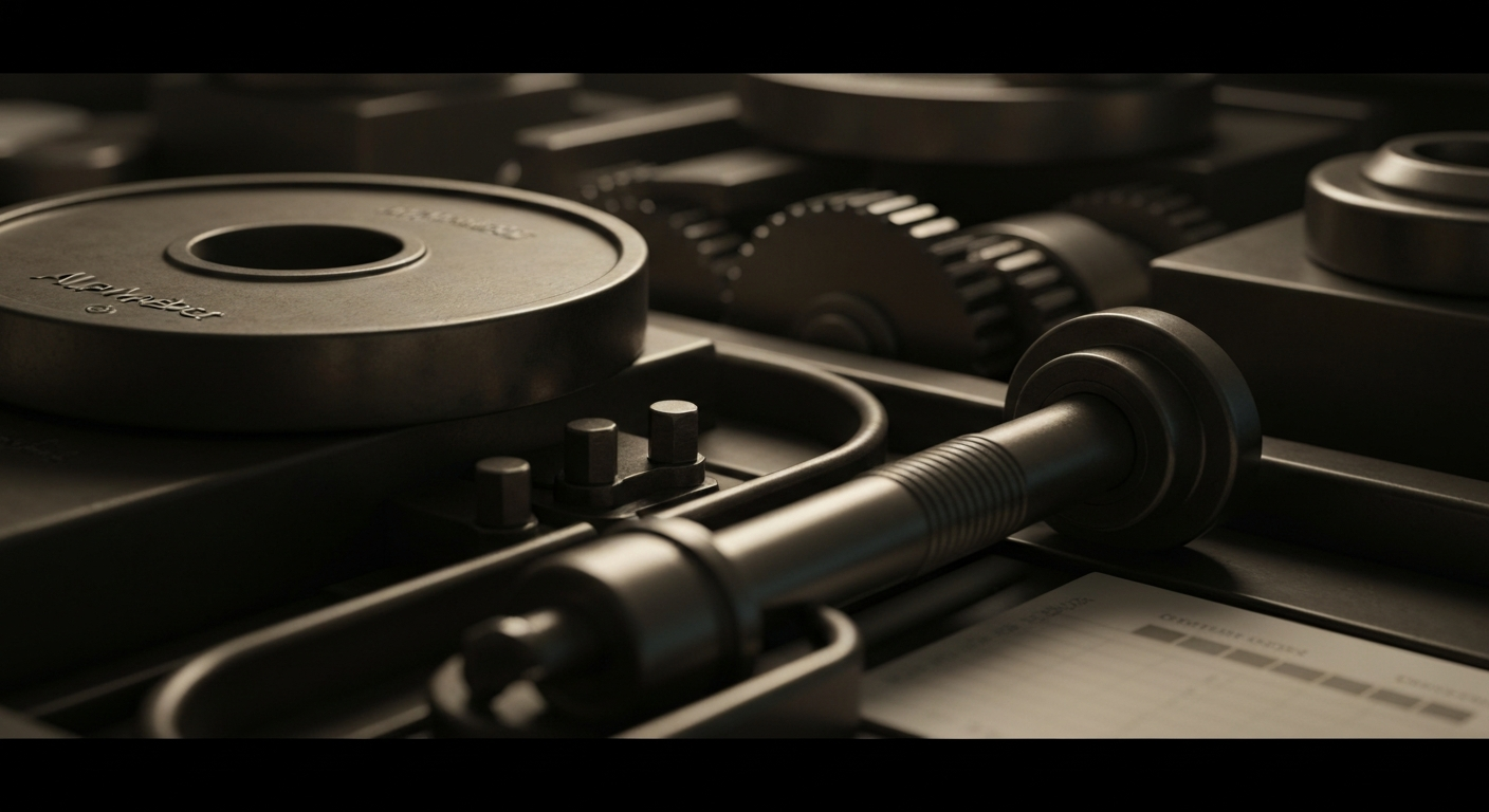 An extreme close-up of gears, levers, and other heavy industrial machinery, conceptually representing the institutional financial mechanisms underlying Alphabet's stock ownership and performance.
