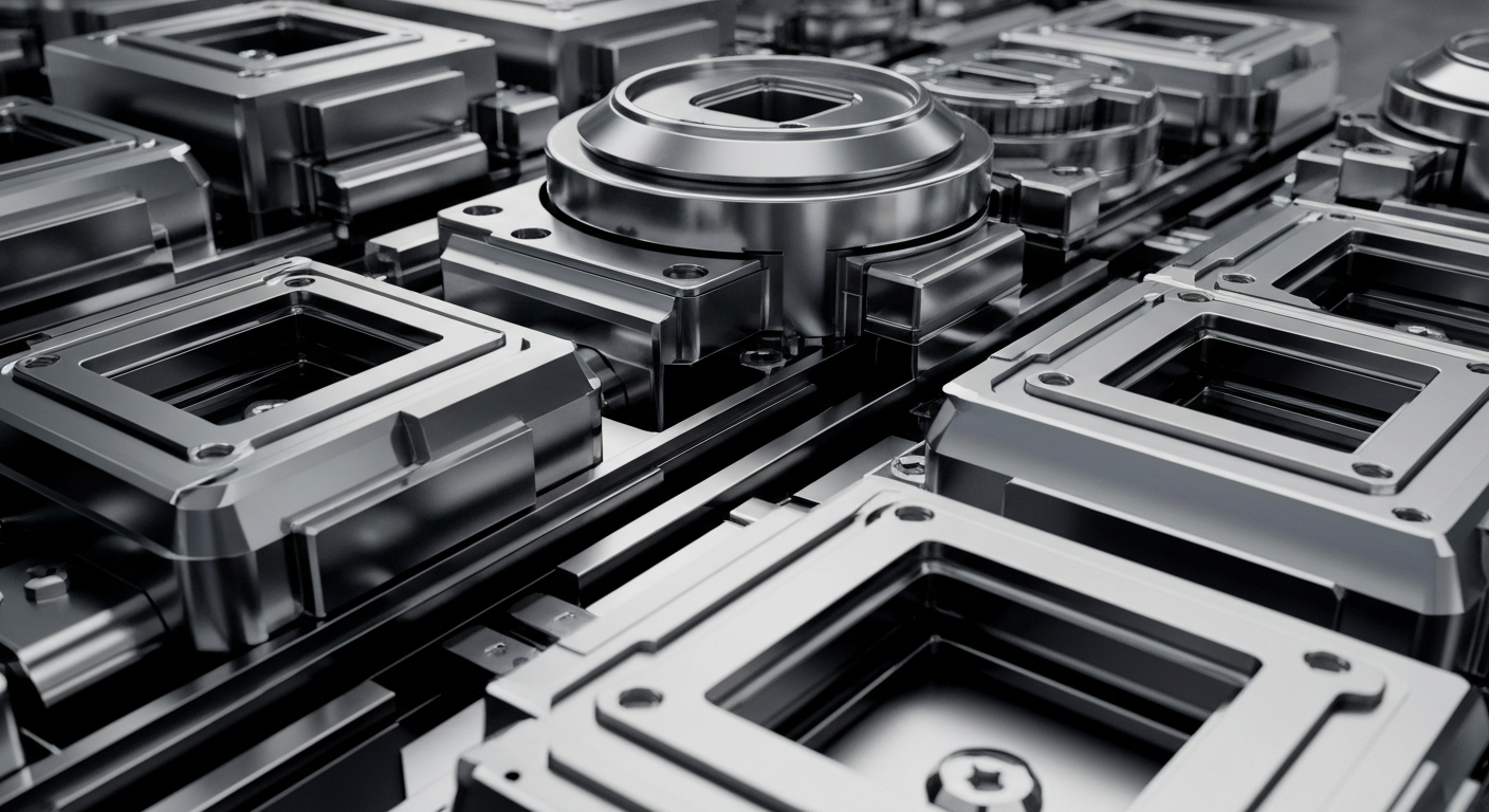 A cinematic close-up of complex, metallic semiconductor components and machinery, conveying a sense of Broadcom's industrial power and technological sophistication.